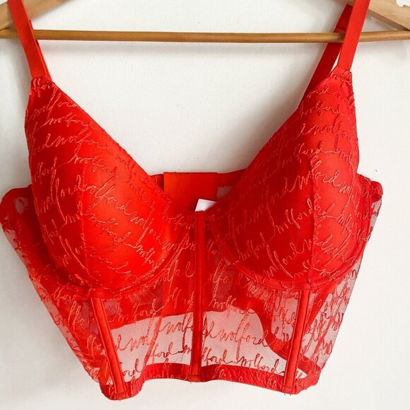 NWT Wolford Spellout Logo Obsessed Bustier Red Lace 38C - Picture 3 of 7